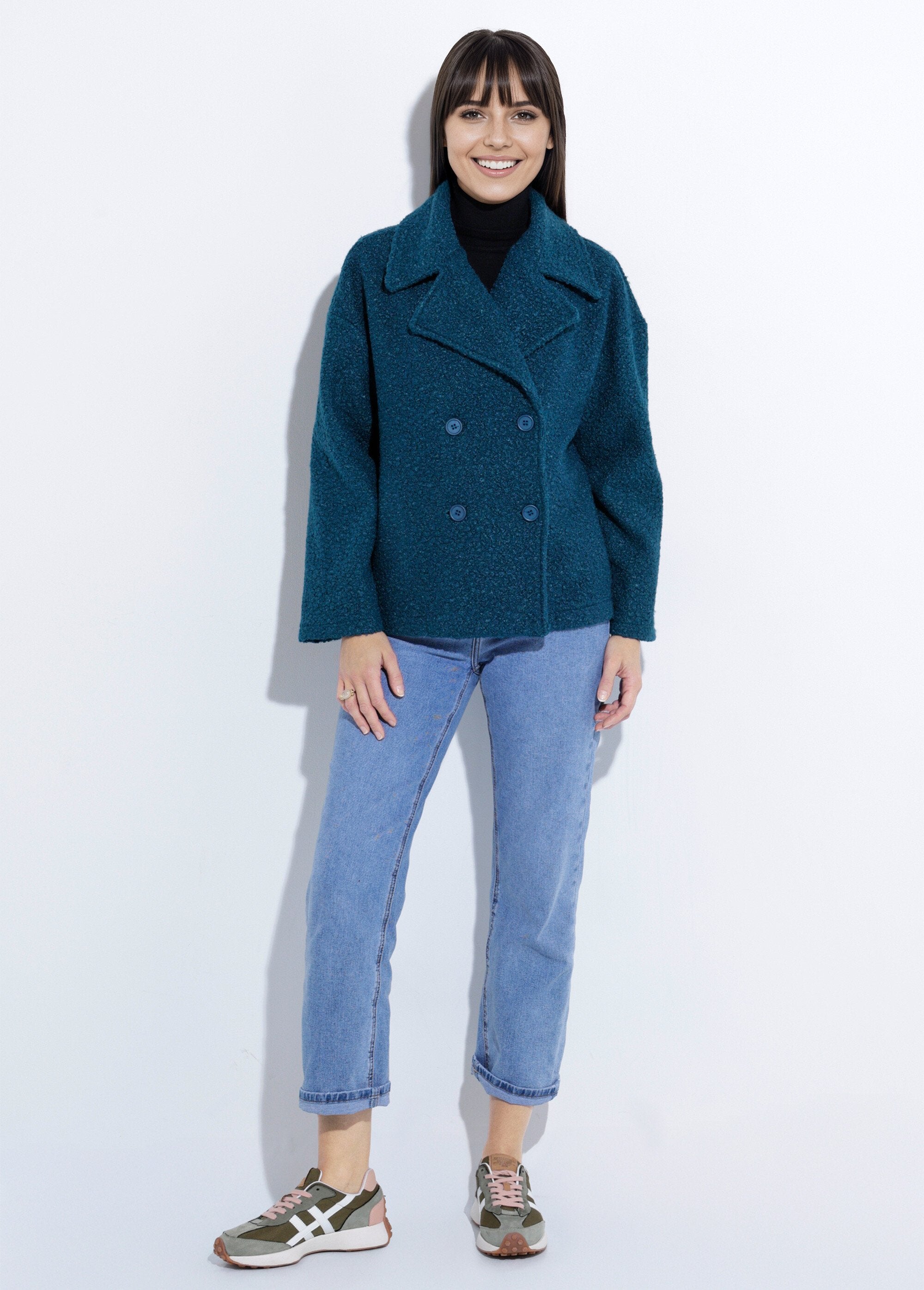 Chaquetón_corto_liso_estilo_bouclé_verde_pato_SF1_slim