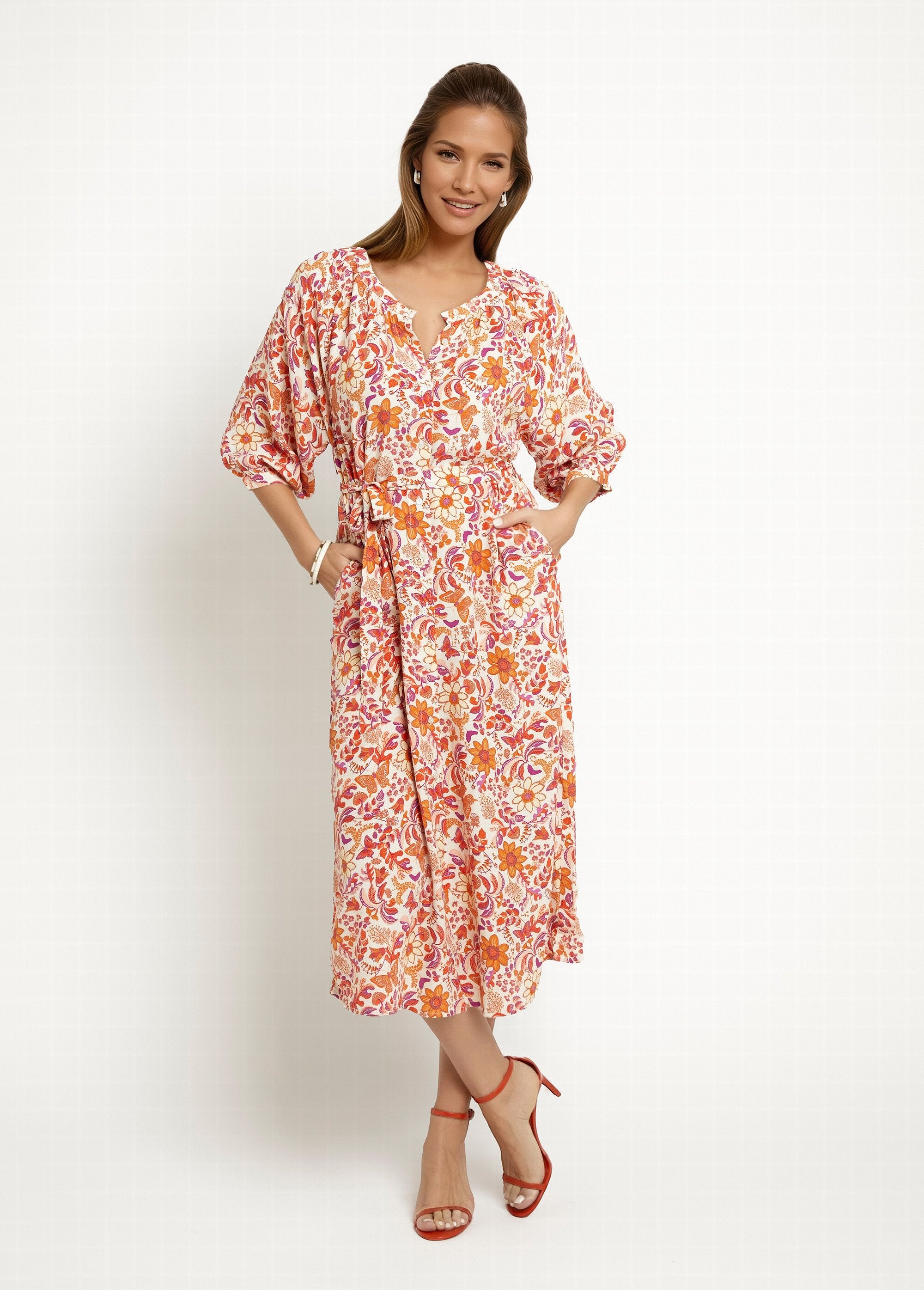 Vestido_largo_abotonado_y_manga_3/4_Estampados_naranjas_FA1_slim