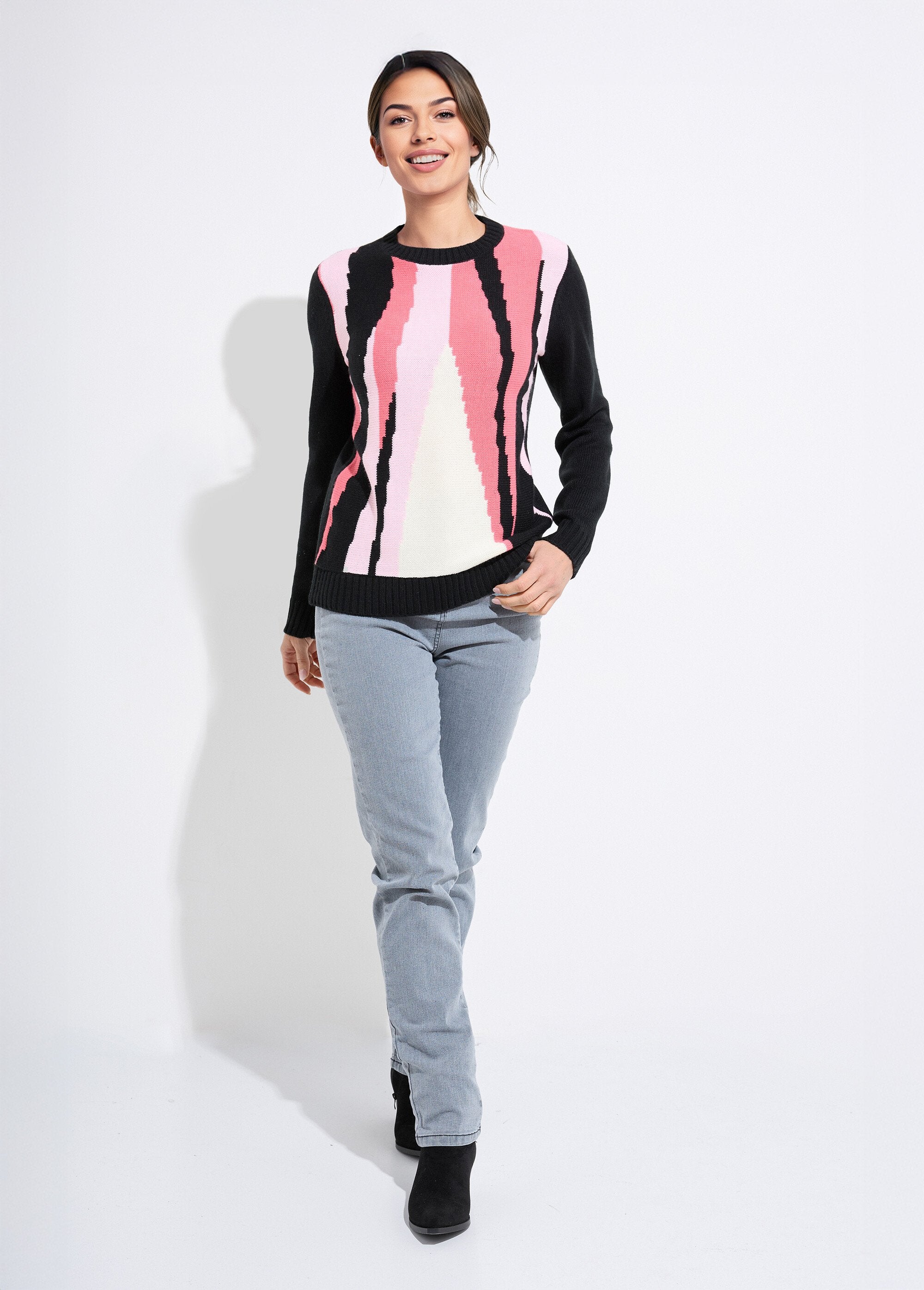 Suéter_cálido_de_jacquard_gráfico_con_cuello_redondo_Negro_y_rosa_SF1_slim
